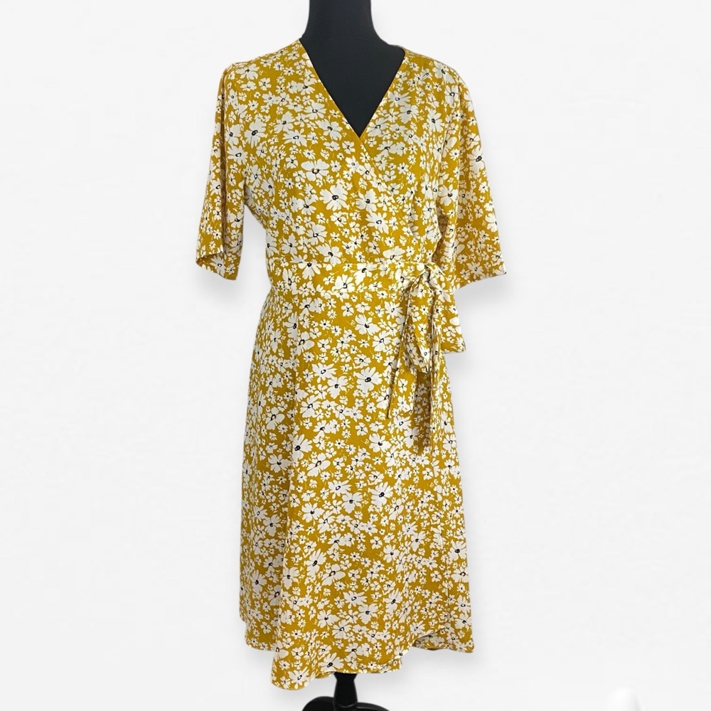 SHEIN Mustard Yellow Floral Open wrap belted Midi Dress plus size 1 (16)